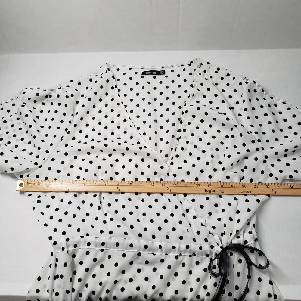 Boohoo Wrap Maxi Dress Womens 24 White Black Polka Dot Short Sleeve Romantic - Picture 5 of 16